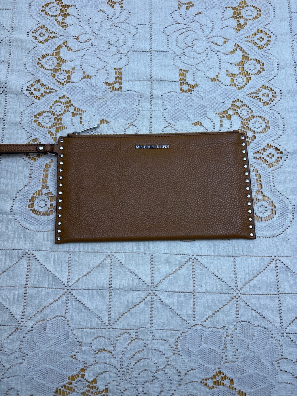 Michael Kors Jet Set Brown XL Travel Clutch Wristlet Leather Handbag Studded